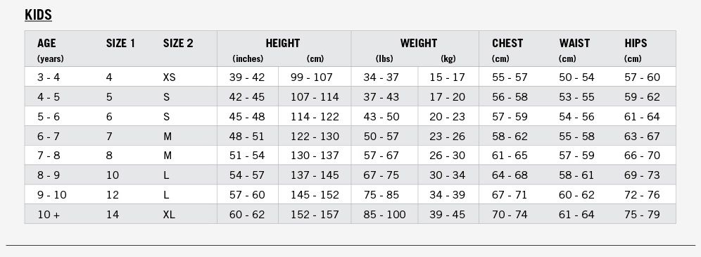 Kids sizing