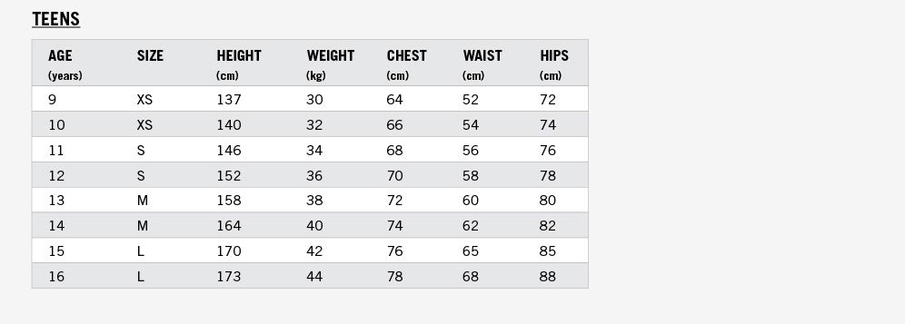 Teens sizing