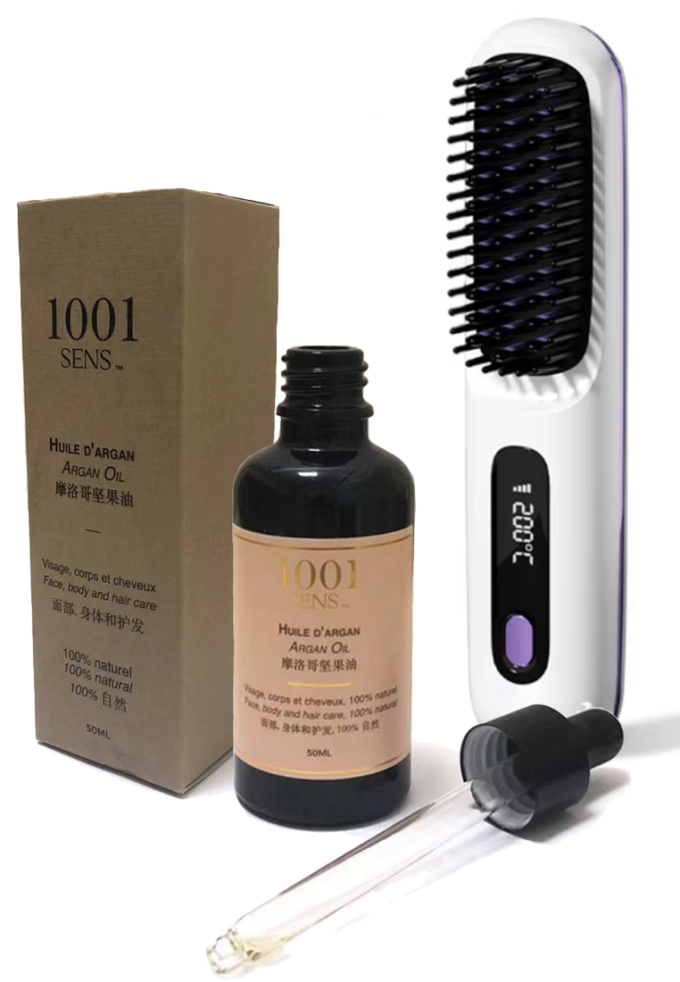 1001 Sens Special Value Deal : 100% Pure Argan Oil 50ml + 1 Cordless Hair Straightening Brush (USB C