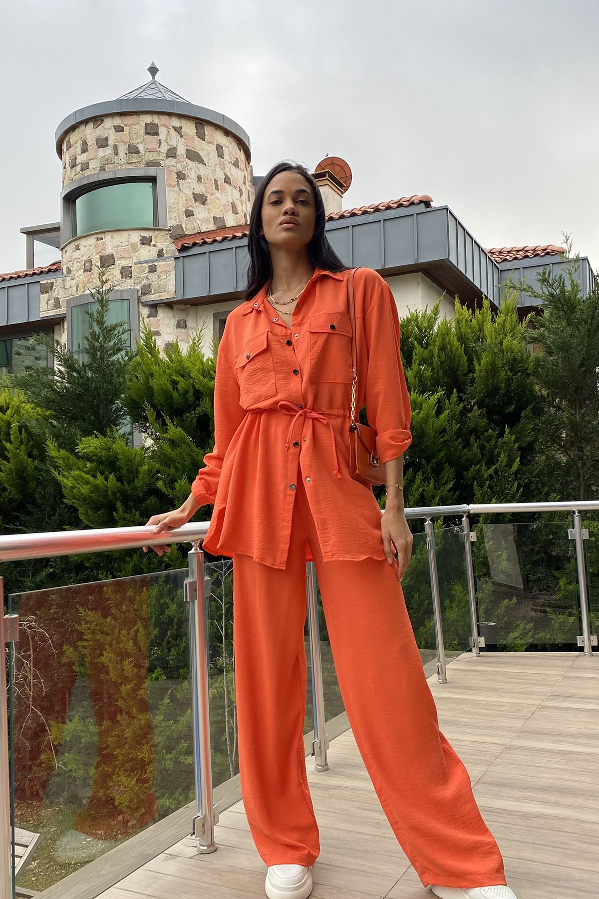 Alacati Safari Jacket With Two Pockets and Elastic Waist Wide Leg Aerobin Pants Set