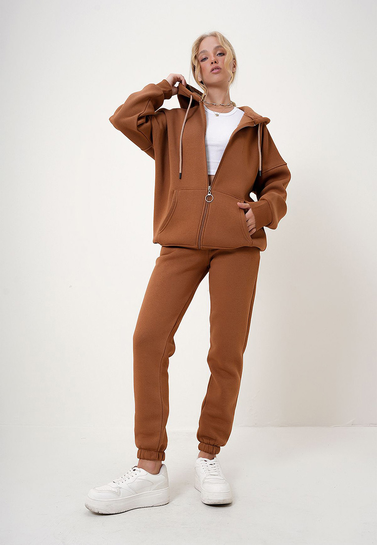 Alacati Women's Cinnamon Hooded Kangaroo Pocket 3 Yarn Inside Raised Tracksuit