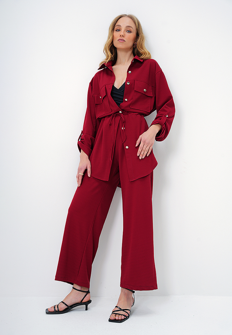 Alacati Double Pocket Safari Jacket and Elastic Waist Wide Leg Aerobin Pants Suit