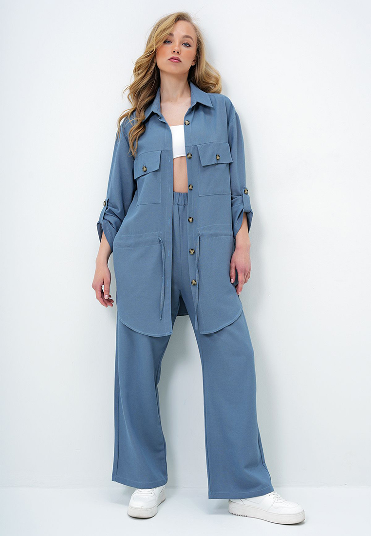 Alacati Women's Aviator Blue Shirt Collar Double Pocket Tie Linen Safari Jacket And Pants Set Alc-X1