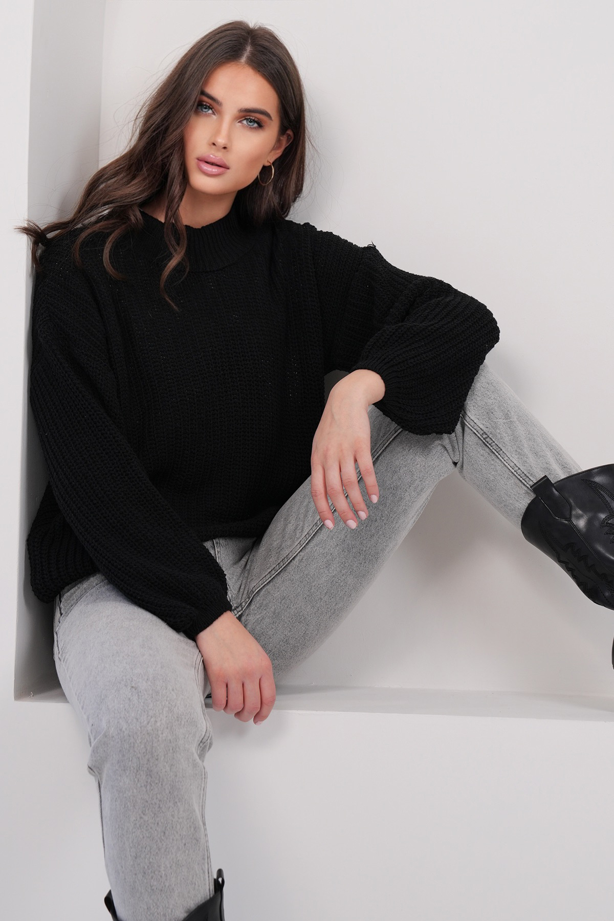 Alacati Women'S Black Half Turtleneck Oversized Knitwear Sweater Alc-X14942