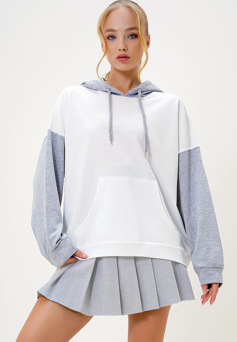 Alacati Women's Ecru Brandy Color Block Oversized Hoodie / Sweatshirt Alc-X4977