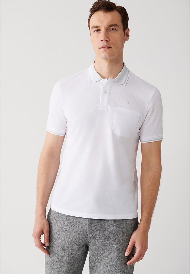 Avva Men's White Turn-Down Collar Pocket 2-Button Polo Collar T-Shirt E001031