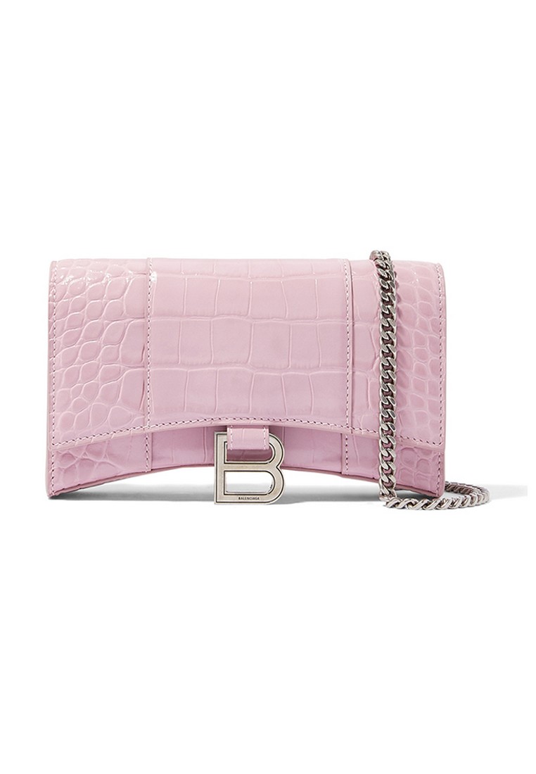 BALENCIAGA Hourglass Shiny Crocodile Embossed Chain Wallet in Pink