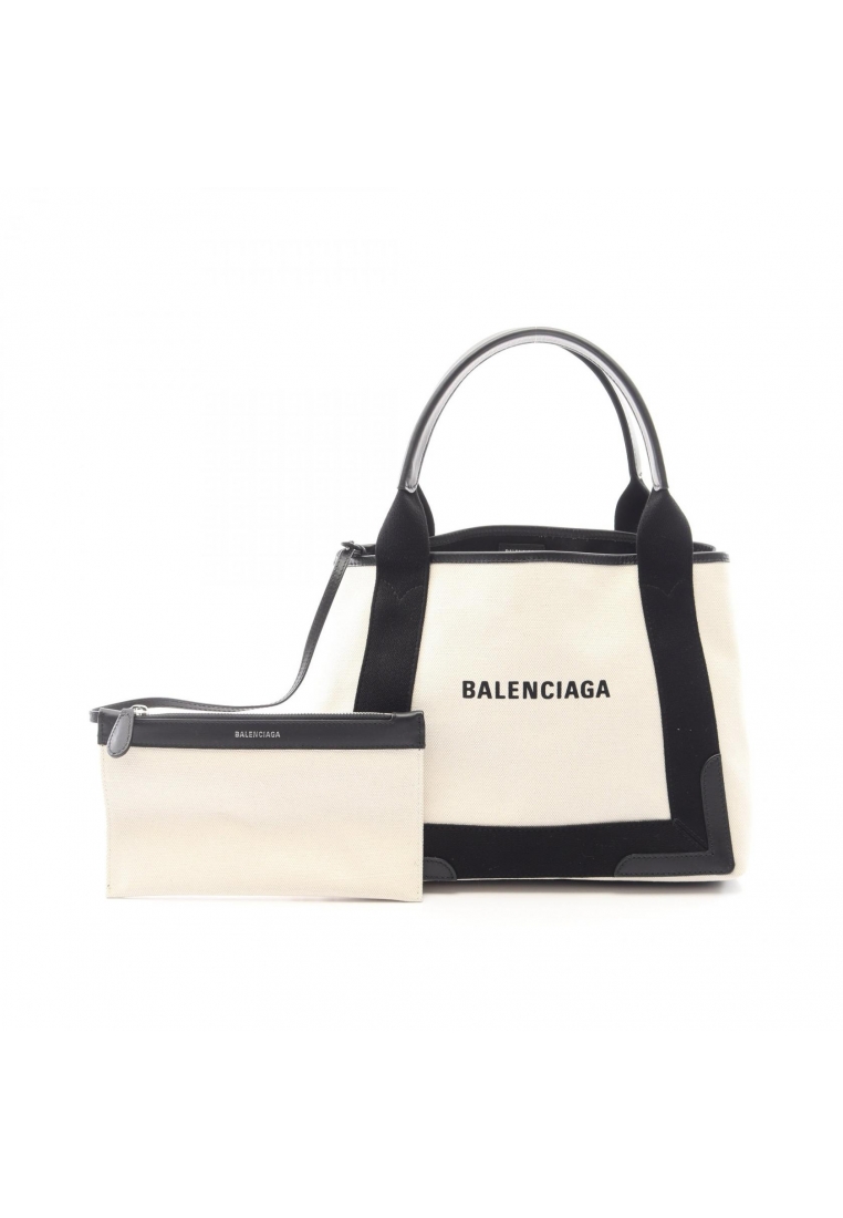 BALENCIAGA Pre-Loved BALENCIAGA NAVY CABAS S navy hippopotamus Handbag tote bag canvas leather ivory