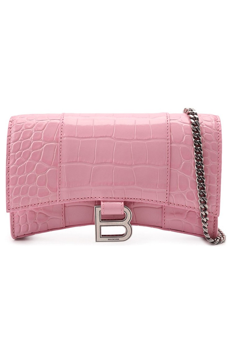BALENCIAGA Hourglass Shiny Crocodile Embossed Chain Wallet for Women in Pink