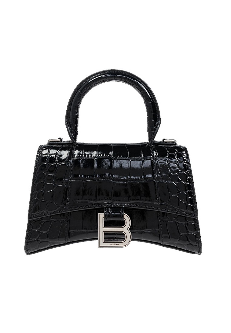 BALENCIAGA Hourglass Xs Crocodile Embossed Crossbody Bag in Black