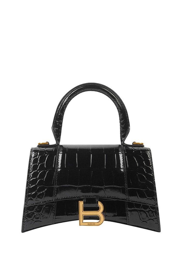 BALENCIAGA Hourglass Xs Crocodile Embossed Crossbody Bag in Black