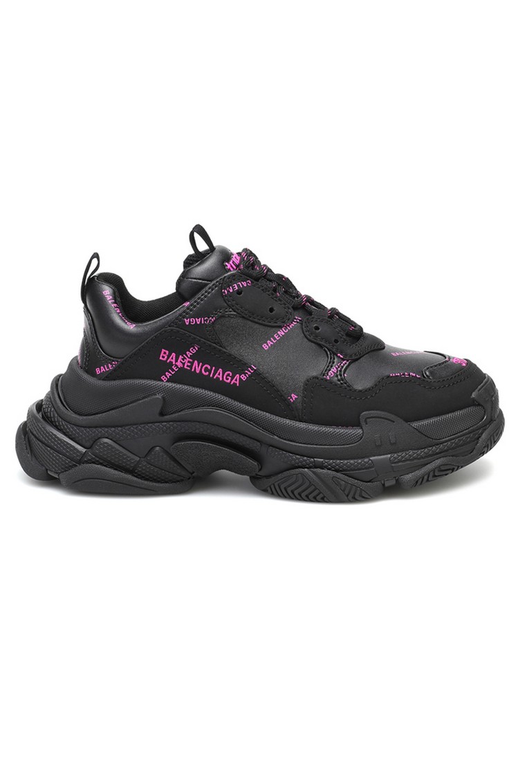 BALENCIAGA Allover Logo Triple S Women's Sneakers in Black/Pink