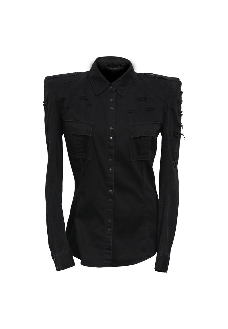 Balmain Pre-Loved Balmain Distressed Denim Shirt In Black Cotton