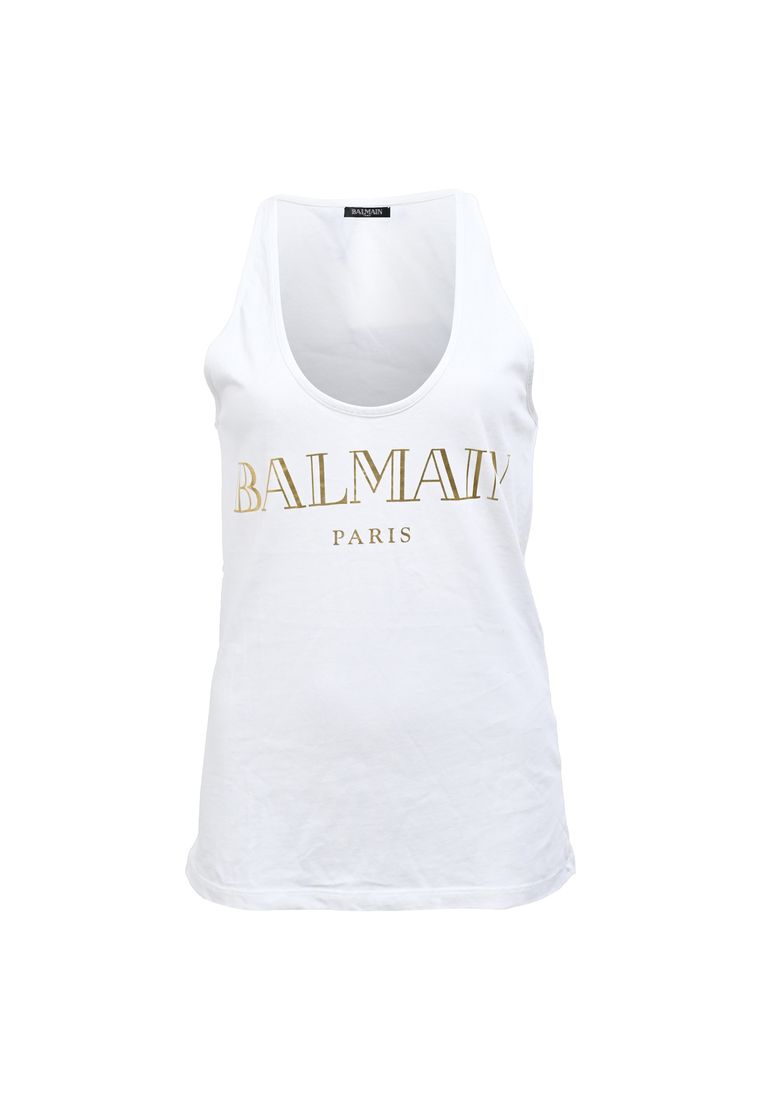Balmain Pre-Loved Balmain Logo Printed Tank Top In White Cotton