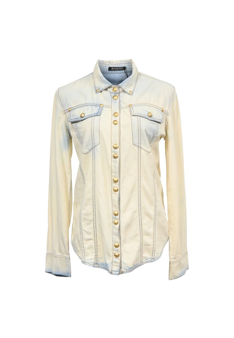 Balmain Pre-Loved Balmain Bleached Denim Shirt In Light Blue Cotton