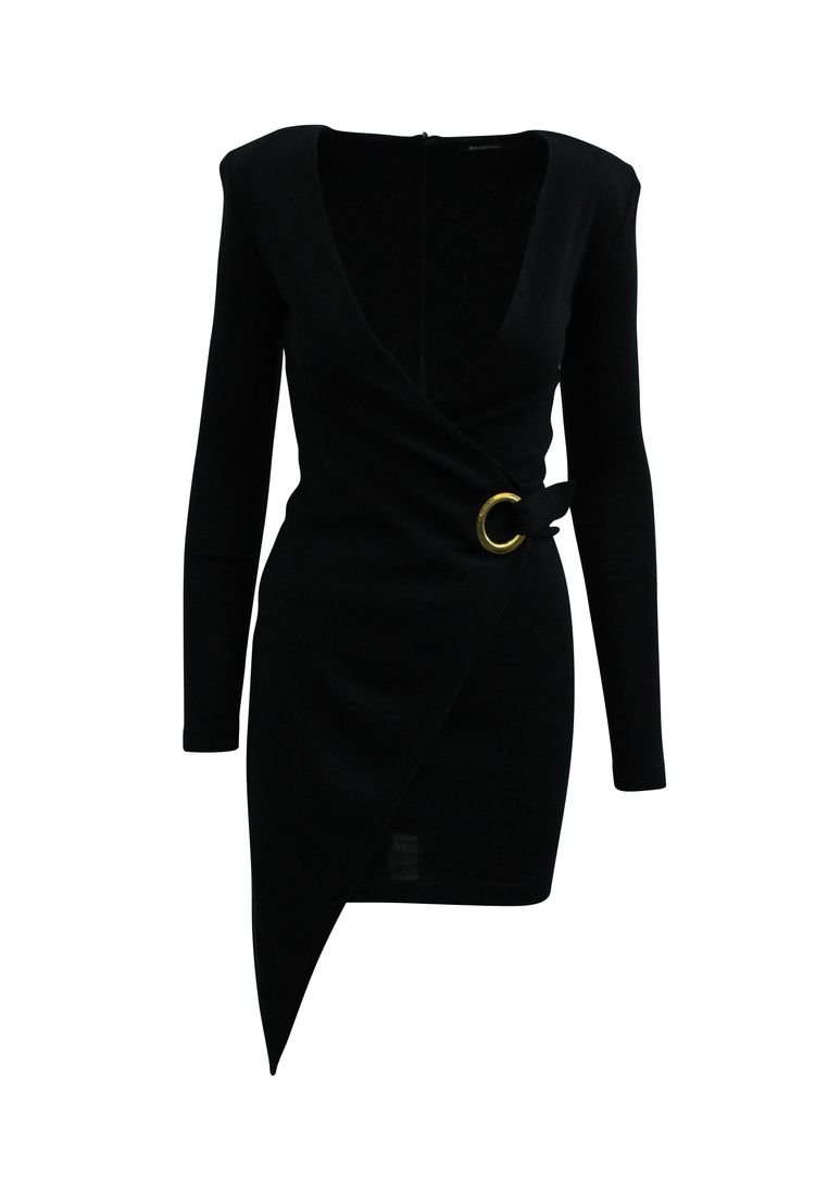 Balmain Pre-Loved Balmain Asymmetric Wrap Dress In Black Wool