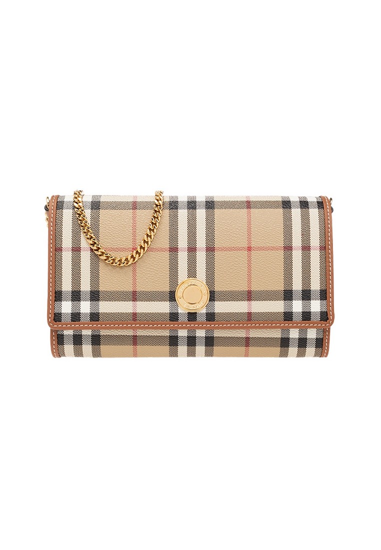 BURBERRY Check Wallet with Chain Strap Chain Wallet in Archive Beige