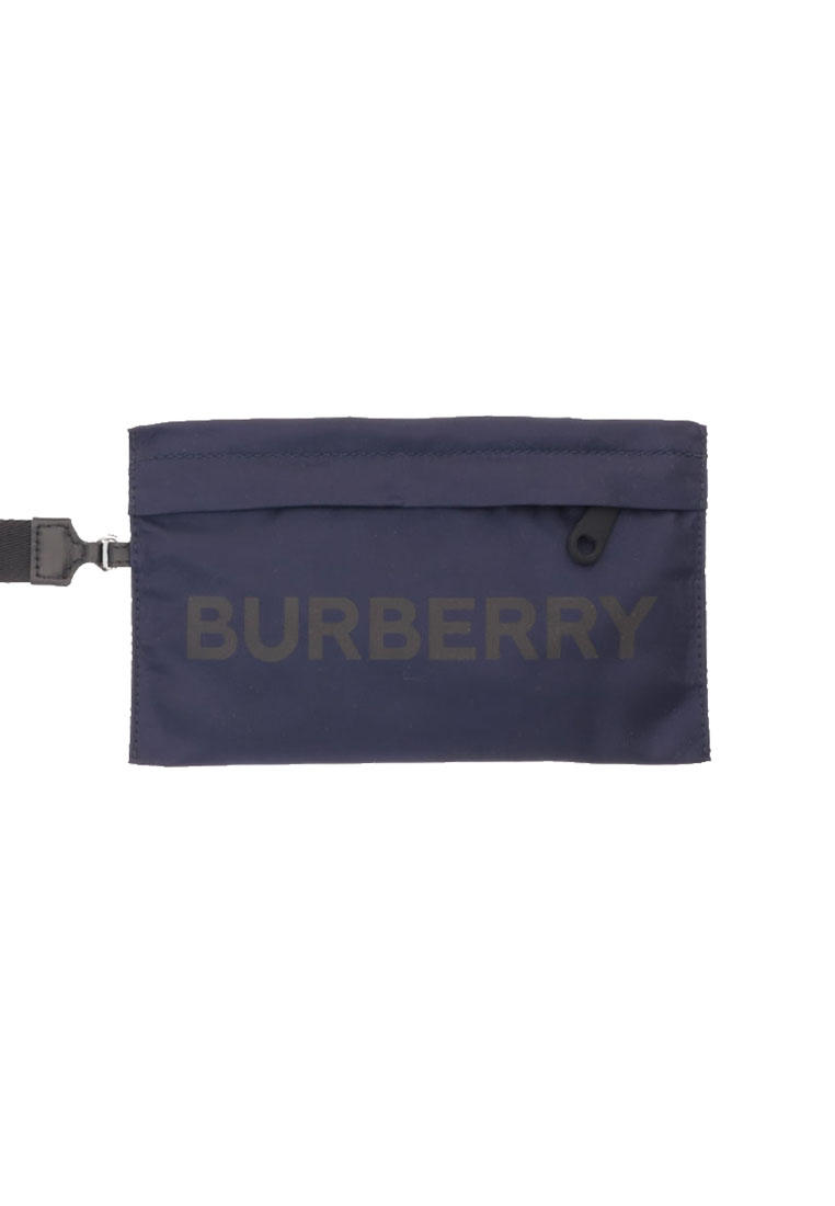 BURBERRY Unisex Logo Print Nylon Zip Wristlet Pouch Navy Blue 80528411