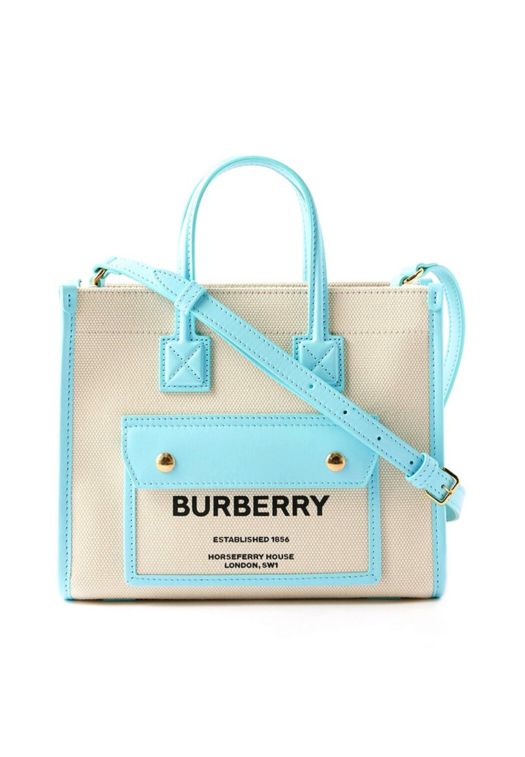 BURBERRY Mini Freya Tote Bag in Natural/Cool Sky Blue