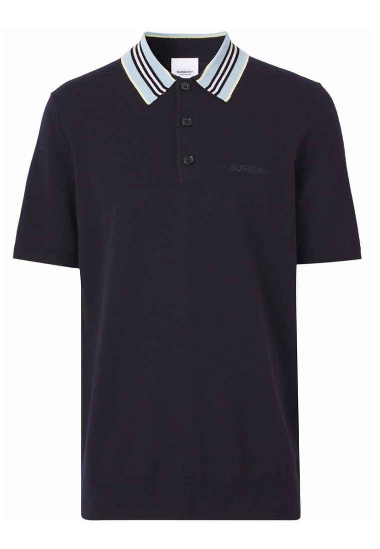 BURBERRY Icon Stripe Detail Polo Tee in Coal Blue