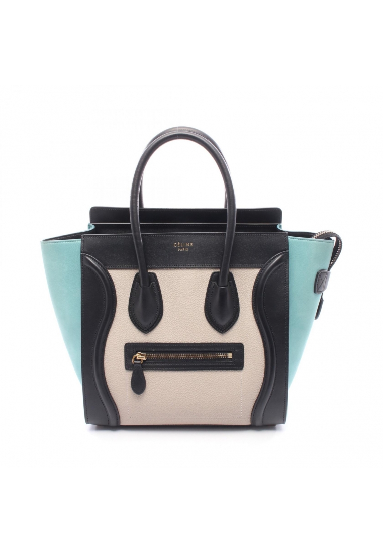 CELINE Pre-Loved Celine luggage micro shopper Handbag tote bag leather Nubuck black ivory Light blue