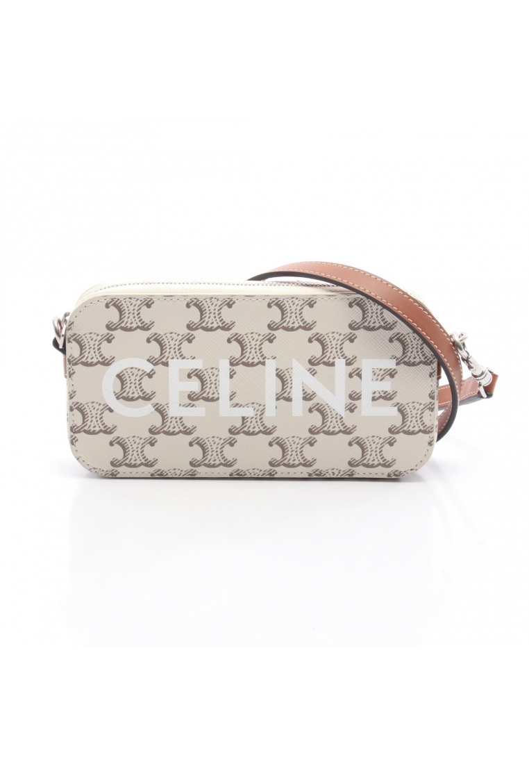 CELINE Pre-Loved Celine Triomphe horizontal Pouch Shoulder bag PVC leather white Brown