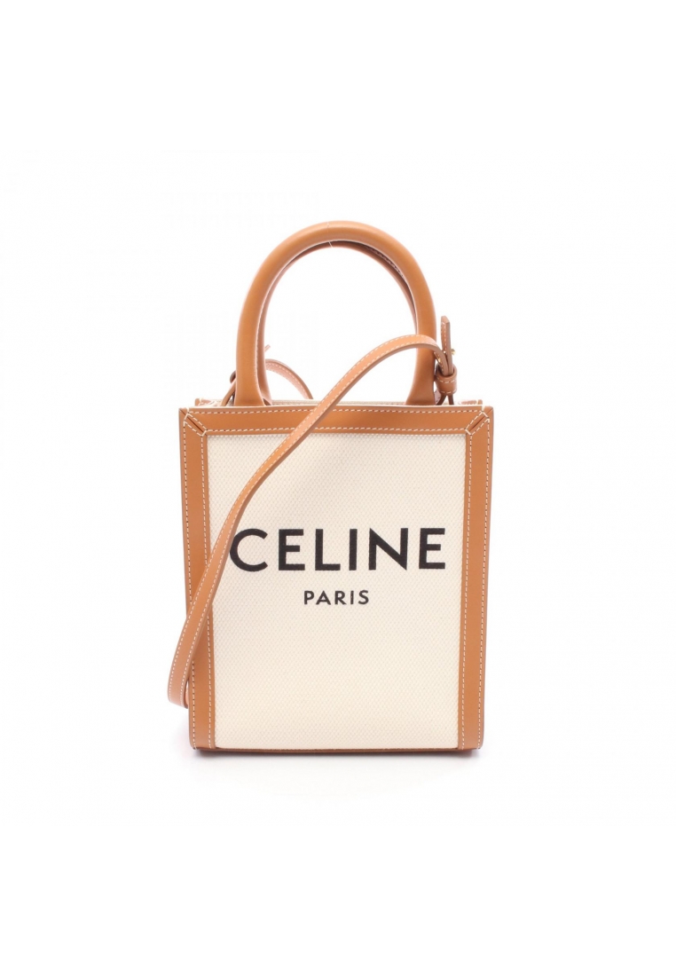 CELINE Pre-Loved Celine mini Vertical Cabas Handbag canvas leather ivory light brown 2WAY