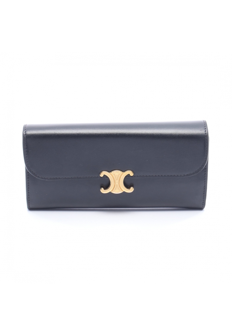 CELINE Pre-Loved Celine large wallet Triomphe Bi-fold Long Wallet leather black