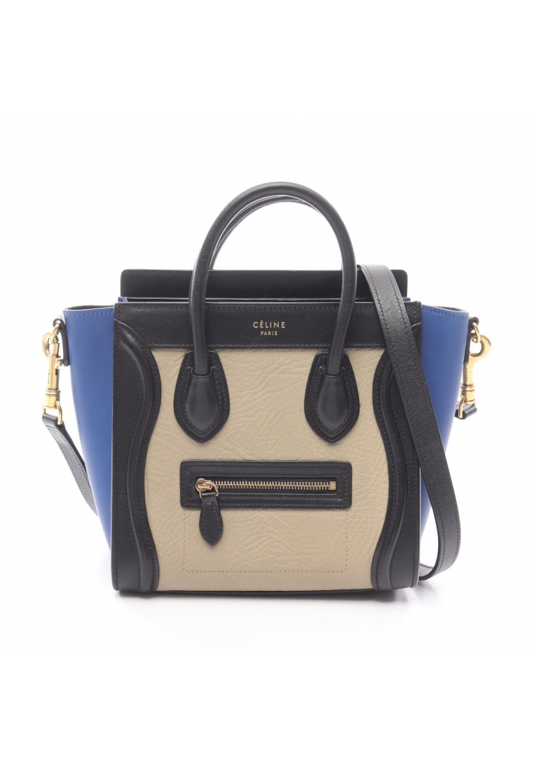 CELINE Pre-Loved Celine luggage nano shopper Handbag leather beige black blue 2WAY