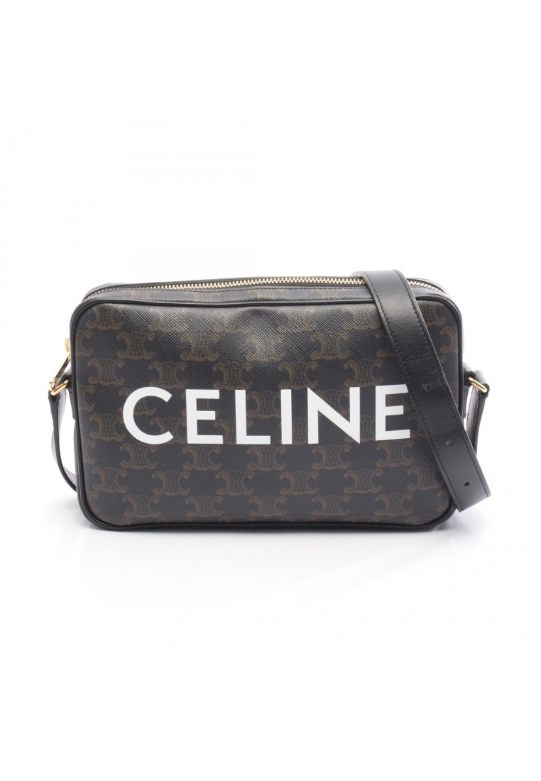 CELINE Pre-Loved Celine Triomphe Medium Messenger bag Shoulder bag PVC leather black Brown