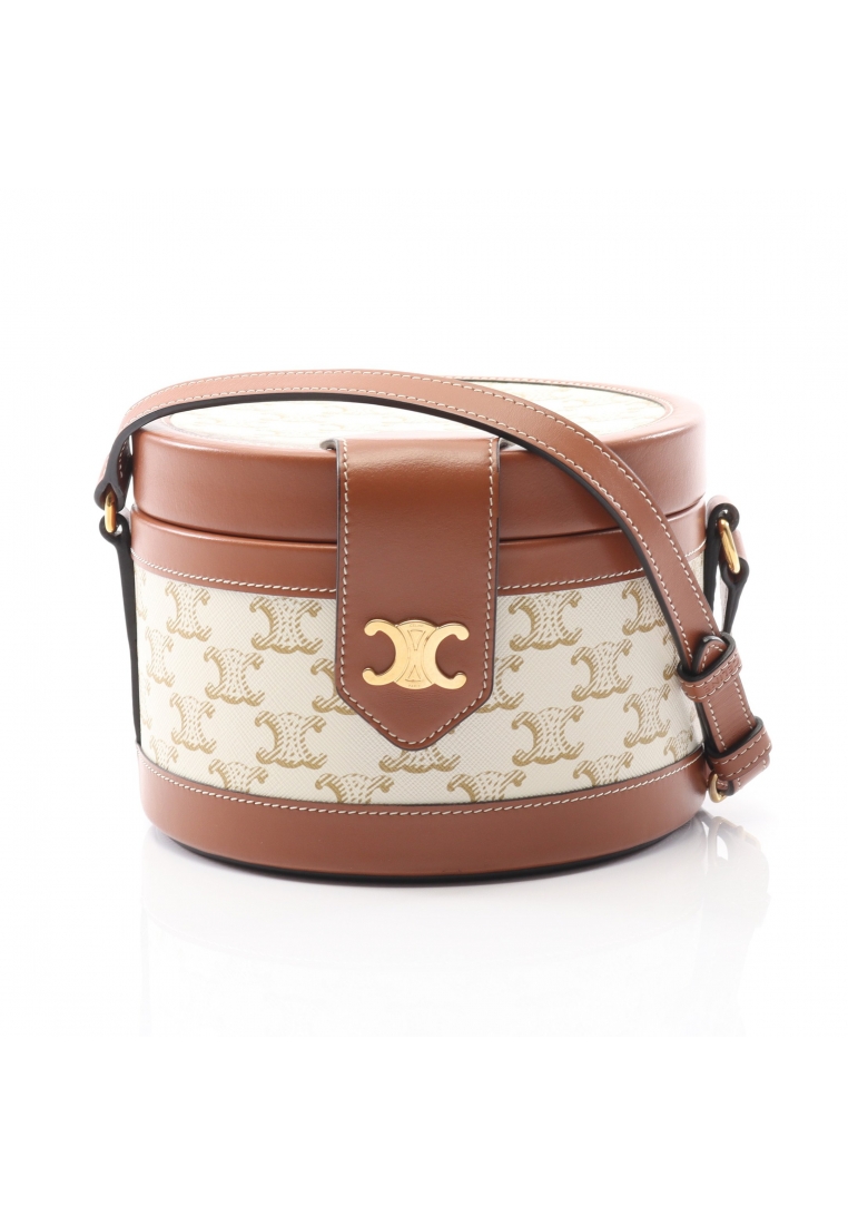 CELINE Pre-Loved Celine Tambour Medium Triomphe Shoulder bag PVC leather off white Brown
