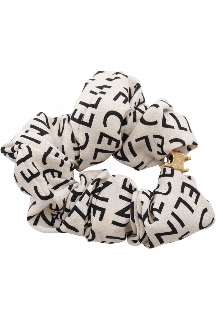 CELINE Pre-Loved Celine Triomphe scrunchie hair accessory logo print silk light beige black