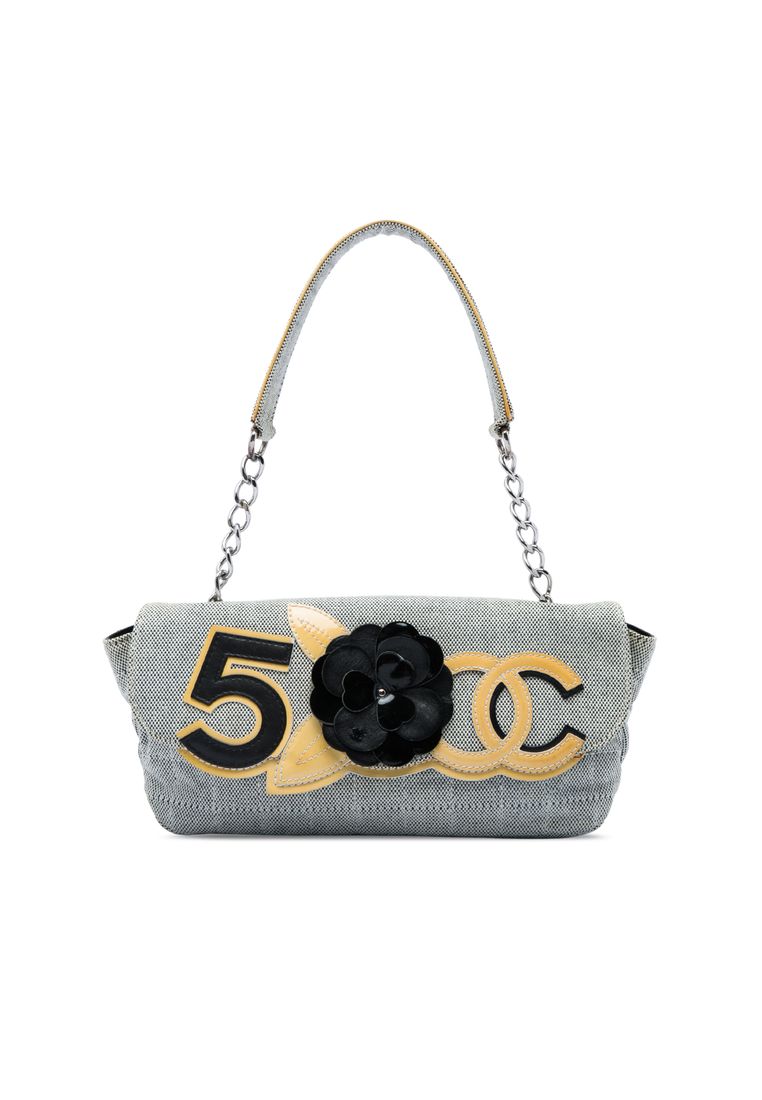 Chanel Pre-Loved Chanel Choco Bar Canvas Camellia Cc No. 5 Flap Handbag