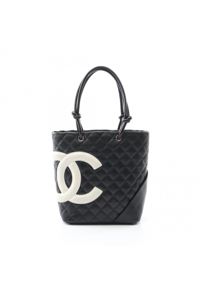 Chanel Pre-Loved Chanel Cambon line Medium Handbag tote bag leather black white silver hardware