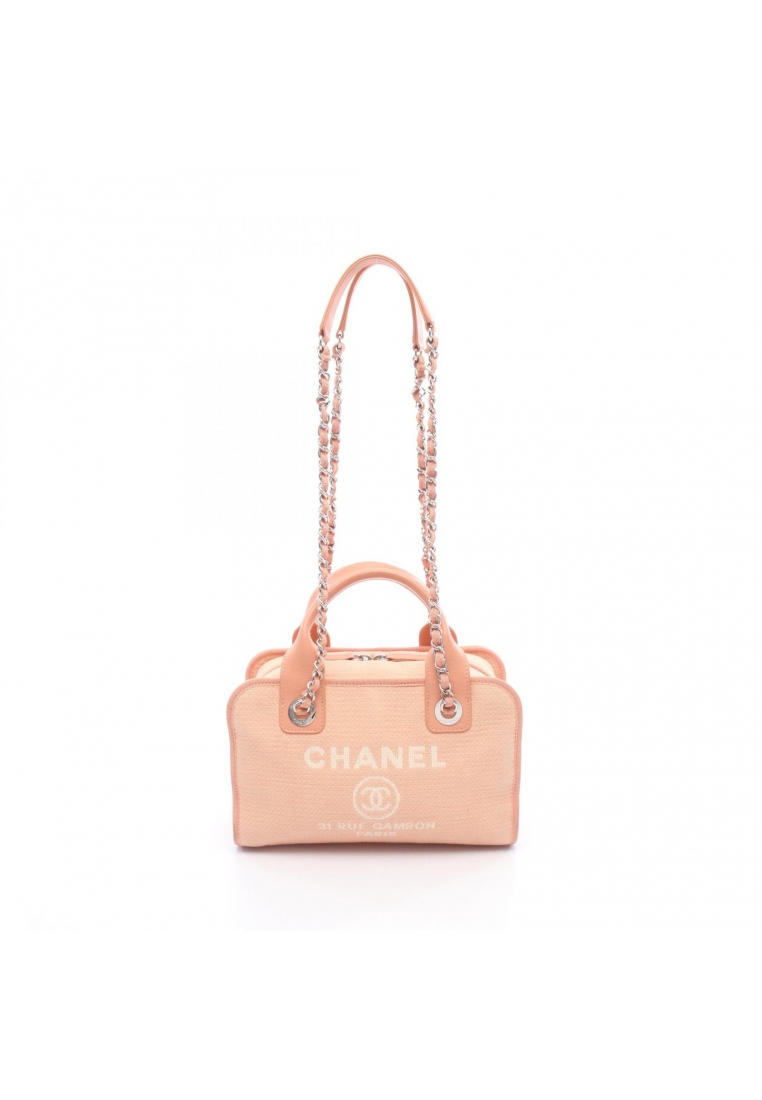 Chanel Pre-Loved Chanel Deauville Bowling Bag chain shoulder bag canvas leather pink beige silver ha