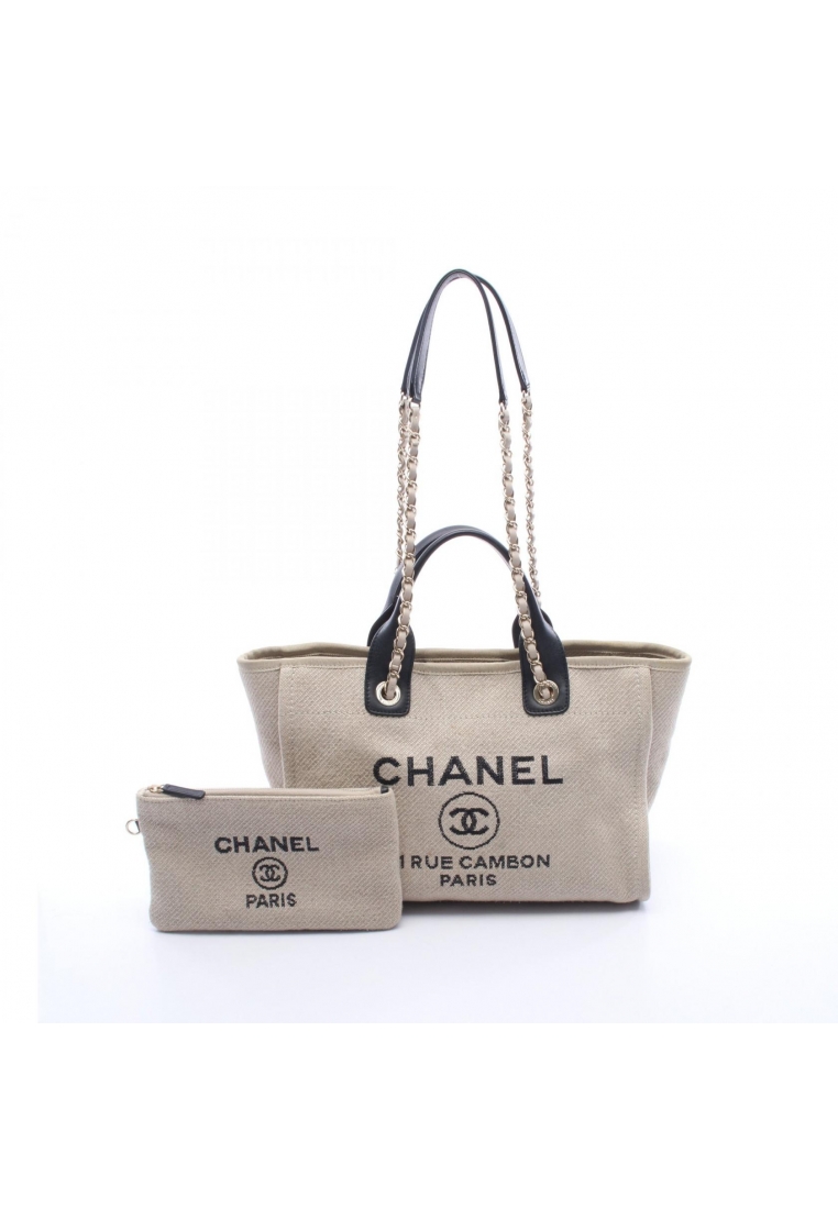 Chanel Pre-Loved Chanel Deauville Small chain shoulder bag chain tote bag canvas leather beige black