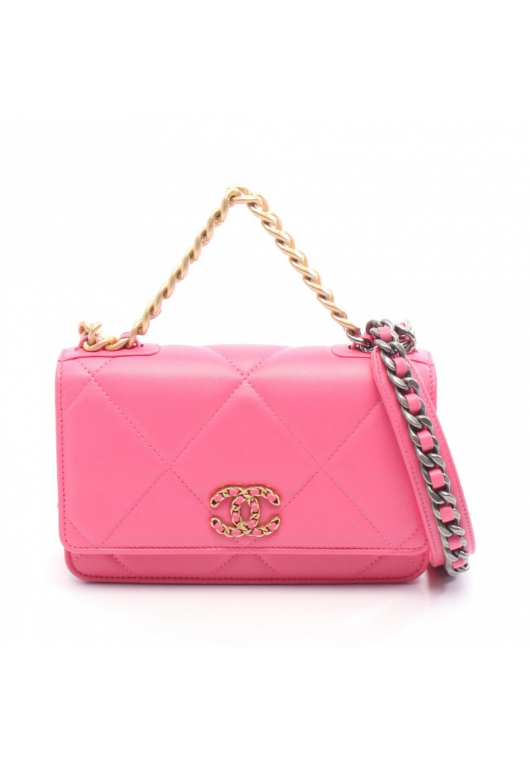 Chanel Pre-Loved Chanel 19 Dizeneuf chain wallet chain shoulder bag leather pink Combination metal f