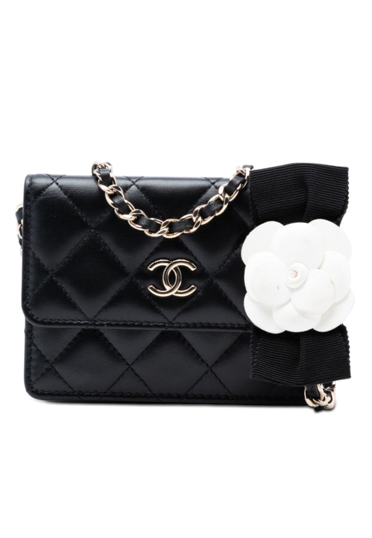 Chanel Pre-Loved Chanel Quilted Lambskin Camellia Bow Card Holder On Chain