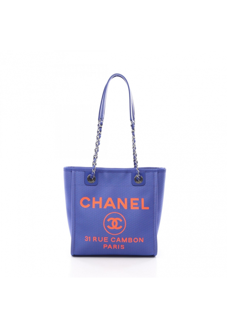 CHANEL Pre-Loved Chanel Deauville PM chain shoulder bag chain tote bag canvas leather blue orange si
