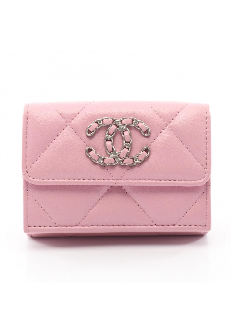 CHANEL Pre-Loved Chanel 19 Dizeneuf small flap wallet trifold long wallet lambskin pink silver hardw
