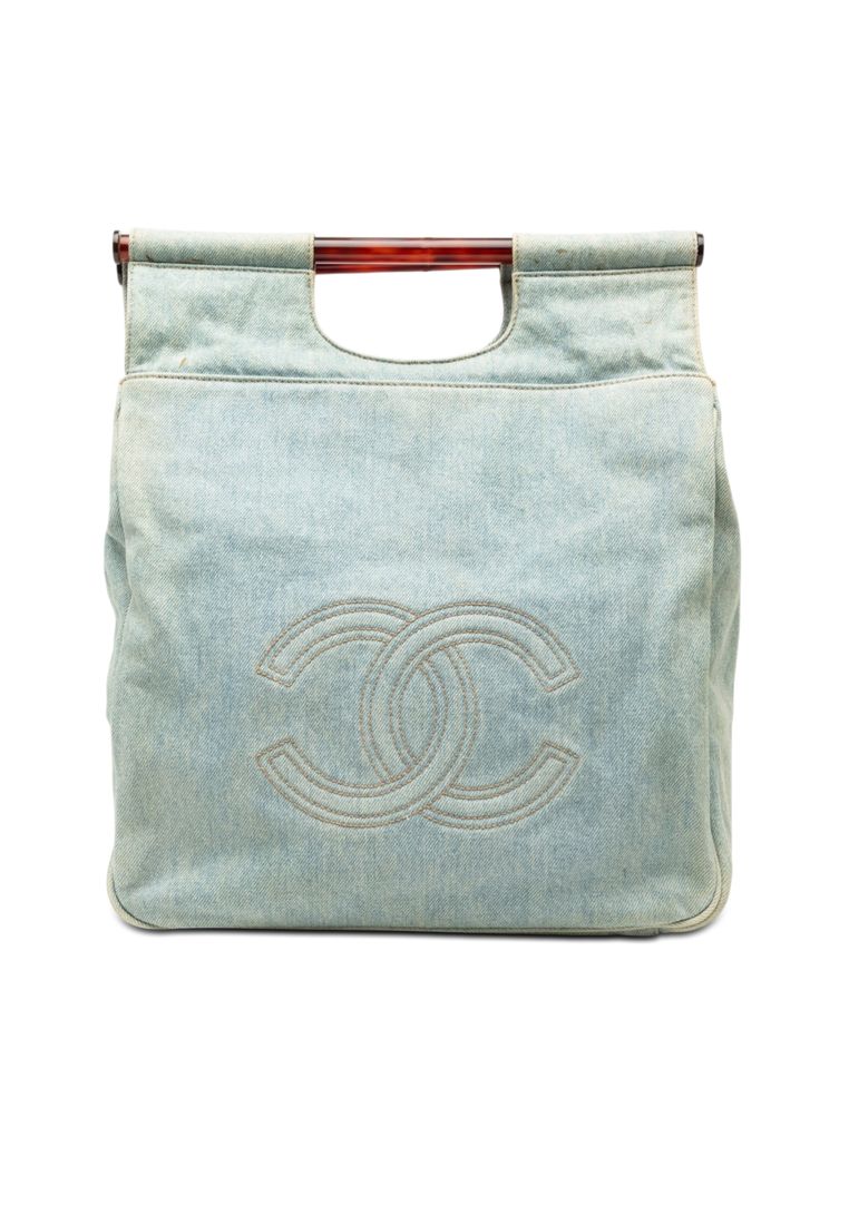 Chanel Pre-Loved Chanel Cc Denim Tortoise Handle Tote