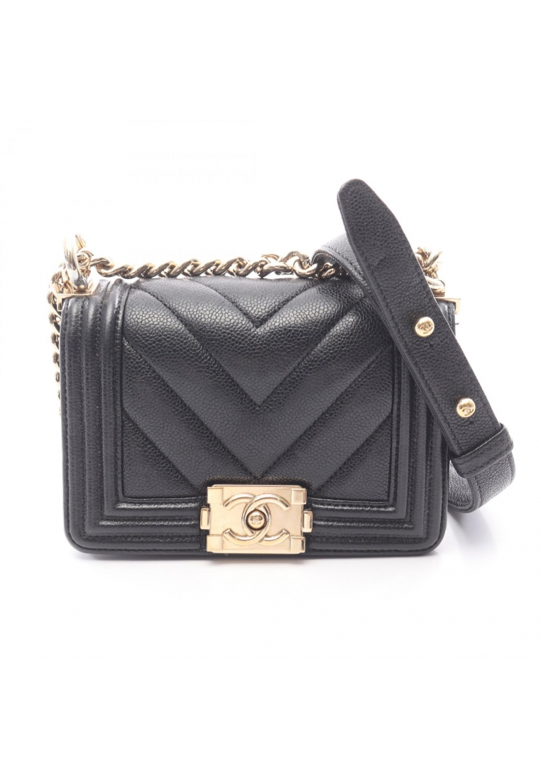 Chanel Pre-Loved Chanel boy chanel mini Chevron V-stitch chain shoulder bag Caviar skin black gold h