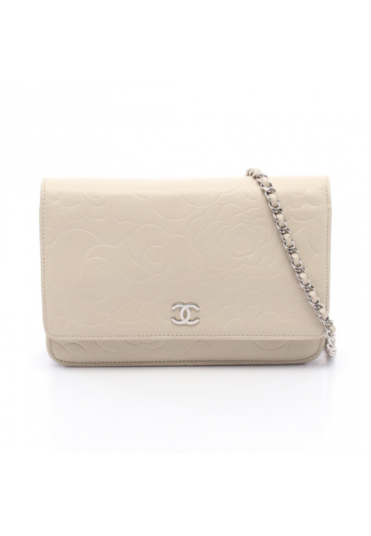 Chanel Pre-Loved Chanel camellia chain wallet leather ivory silver hardware