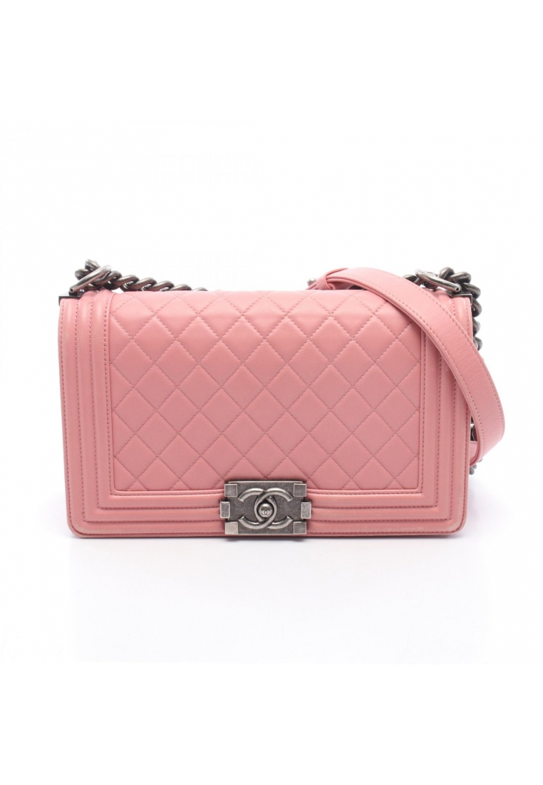 Chanel Pre-Loved Chanel boy chanel chain shoulder bag lambskin pink silver hardware