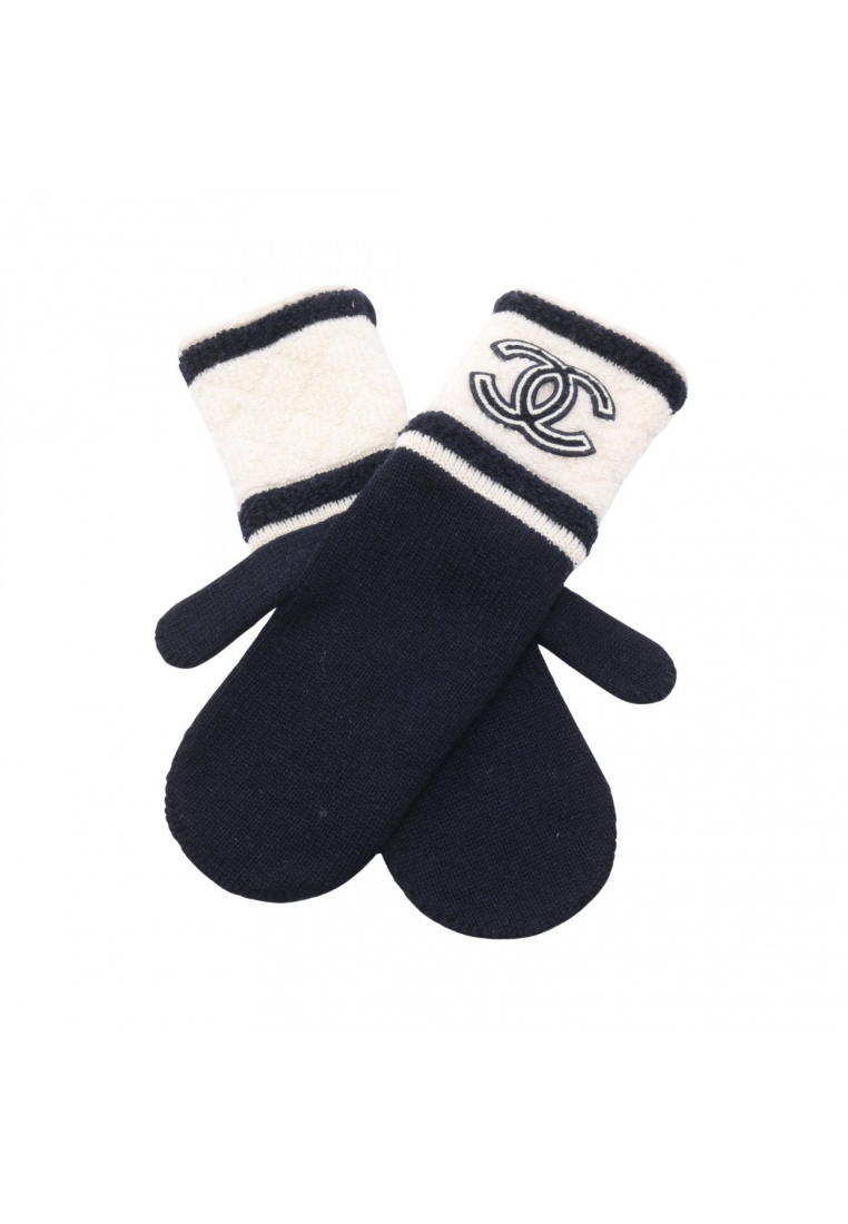 Chanel Pre-Loved Chanel coco mark mittens gloves glove cashmere Navy off white