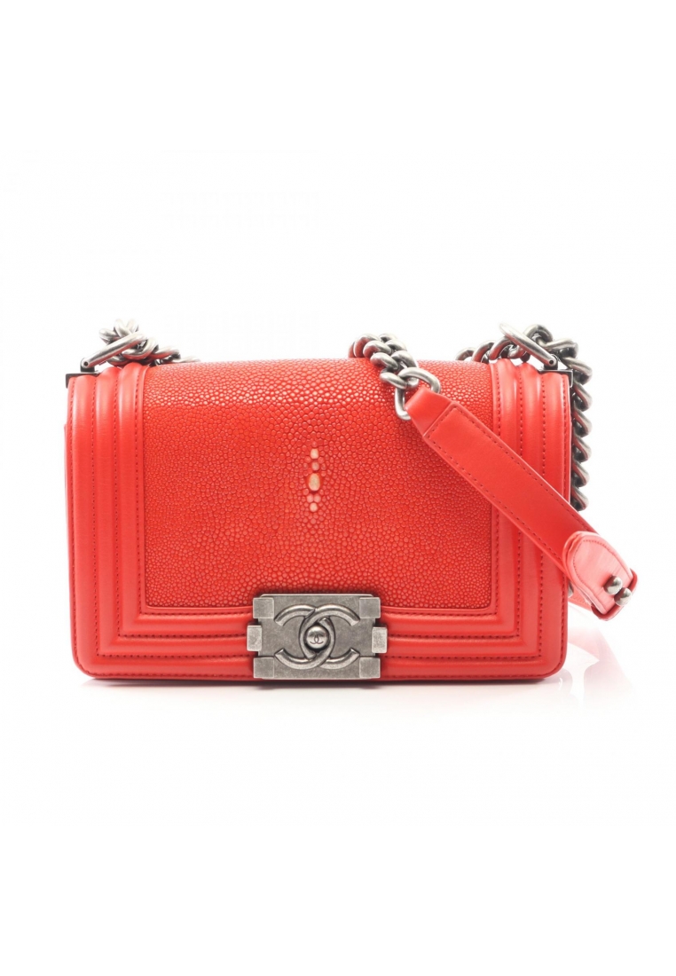 Chanel Pre-Loved Chanel boy chanel Small chain shoulder bag lambskin Garusha Red antique silver hard