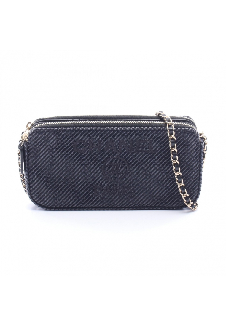 Chanel Pre-Loved Chanel Deauville chain wallet tweed leather Navy gold hardware
