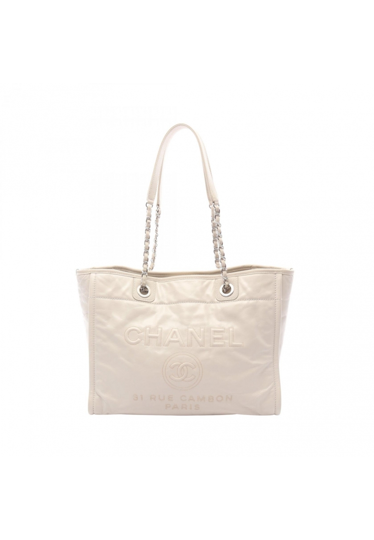 Chanel Pre-Loved Chanel Deauville chain shoulder bag chain tote bag leather off white silver hardwar