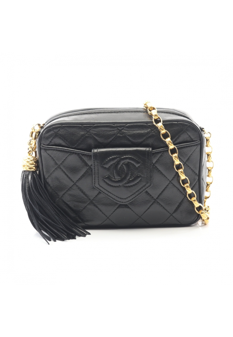 Chanel Pre-Loved Chanel matelasse chain shoulder bag lambskin black gold hardware tassel vintage