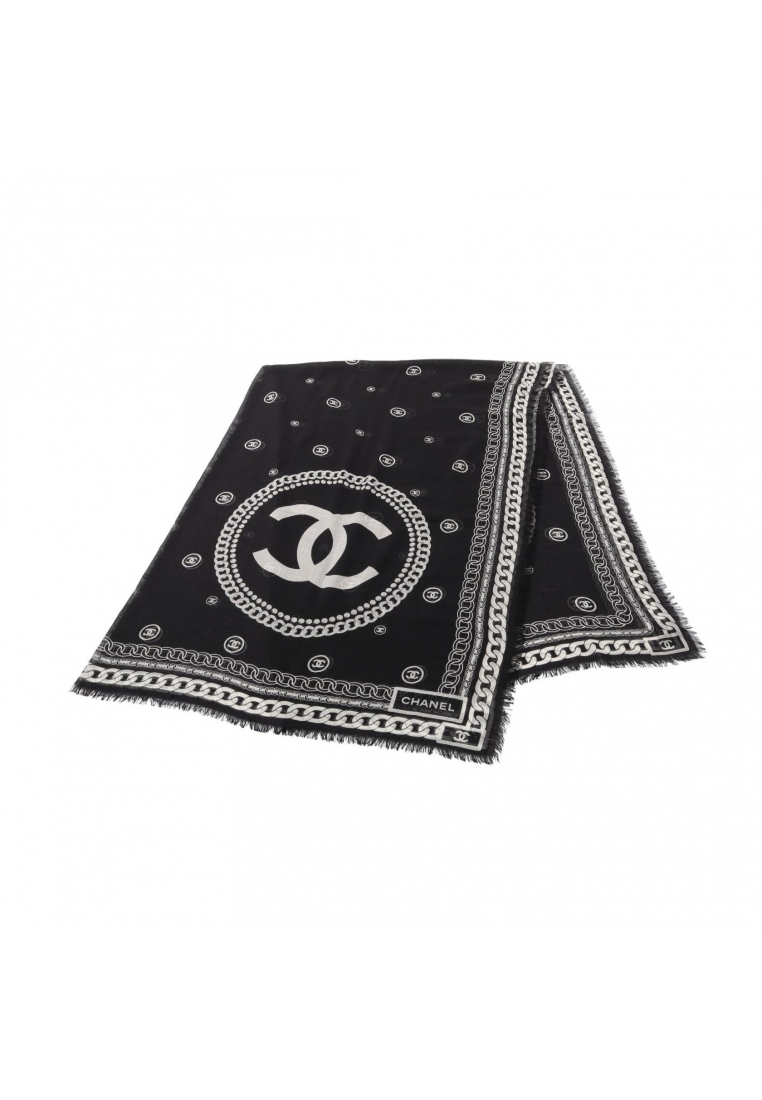 CHANEL Pre-Loved Chanel coco mark shawl cashmere silk black white